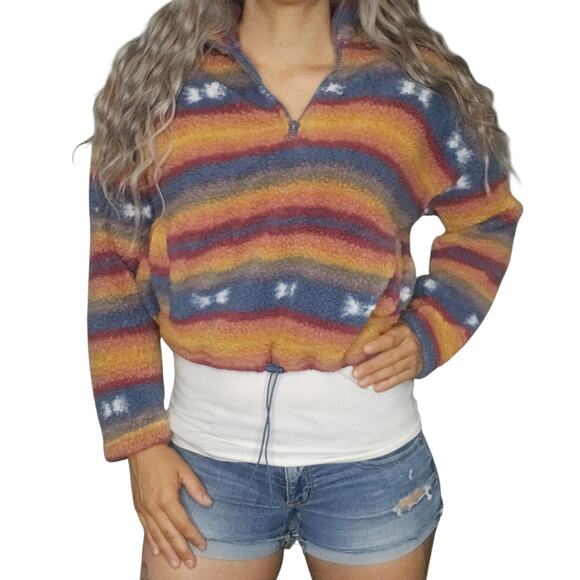Yellow Striped Sweater Womens Medium Faux Fur Fuzzy Cropped Blue Western Boho - Picture 3 of 14